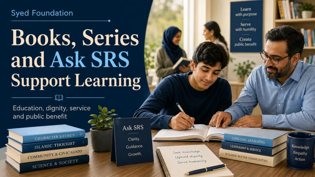 Syed Foundation image showing Syed Raheel Shahzad books, series and Ask SRS supporting learning, dignity, service and public benefit.