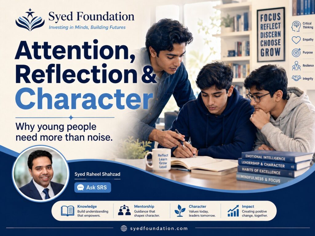 Syed Foundation image showing Syed Raheel Shahzad, young people, attention, reflection, character, learning and guidance