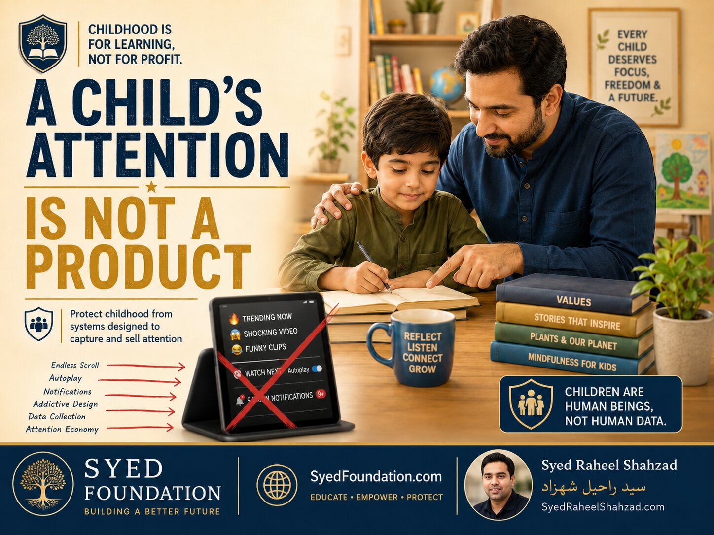 A child learning with family support instead of being captured by digital feeds, presented by Syed Foundation and Syed Raheel Shahzad