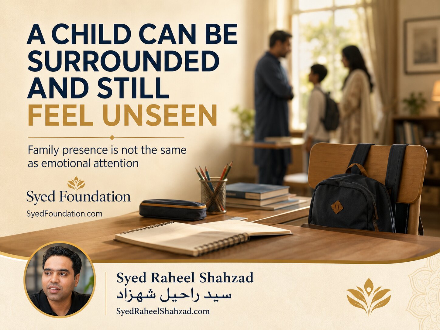 Empty child study desk with school bag and notebook, symbolising how a child can be surrounded by family yet still feel unseen
