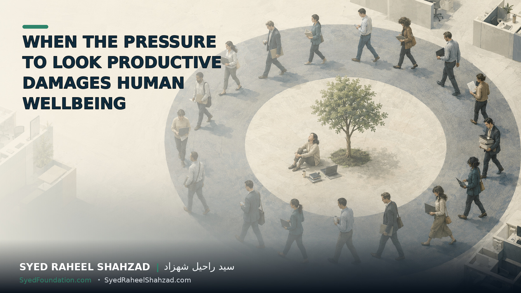 Workers move around an endless productivity loop while one person pauses beneath a living tree, representing the human cost of pressure to appear productive. Syed Foundation article by Syed Raheel Shahzad.