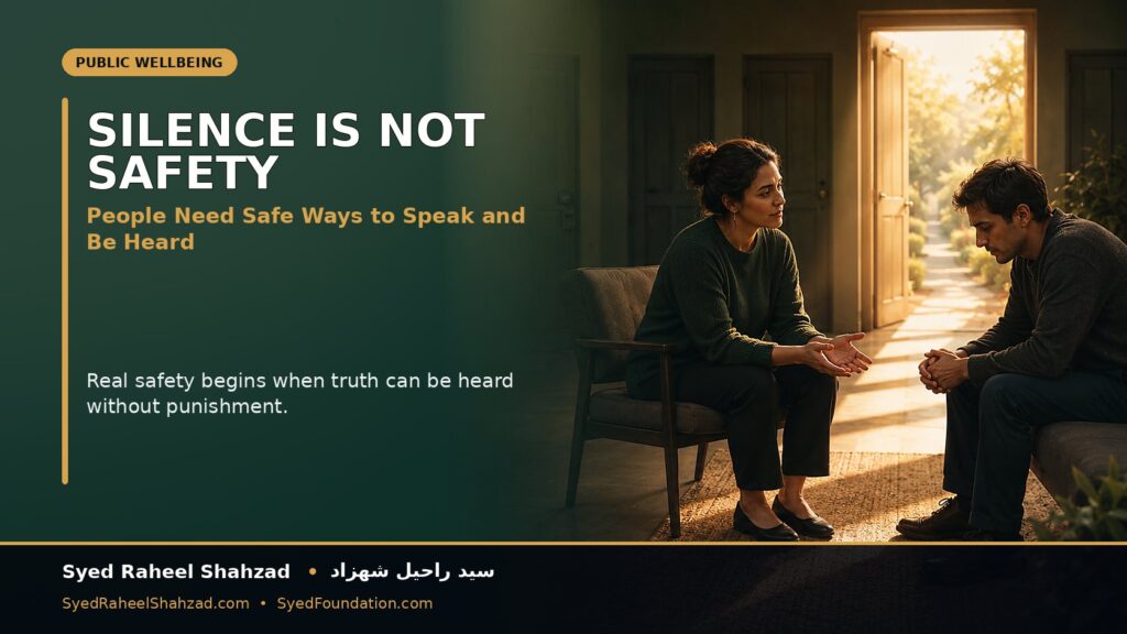 A calm trained listener gives a worried person a protected place to speak while a clear open path suggests safety, support and accountable action.
