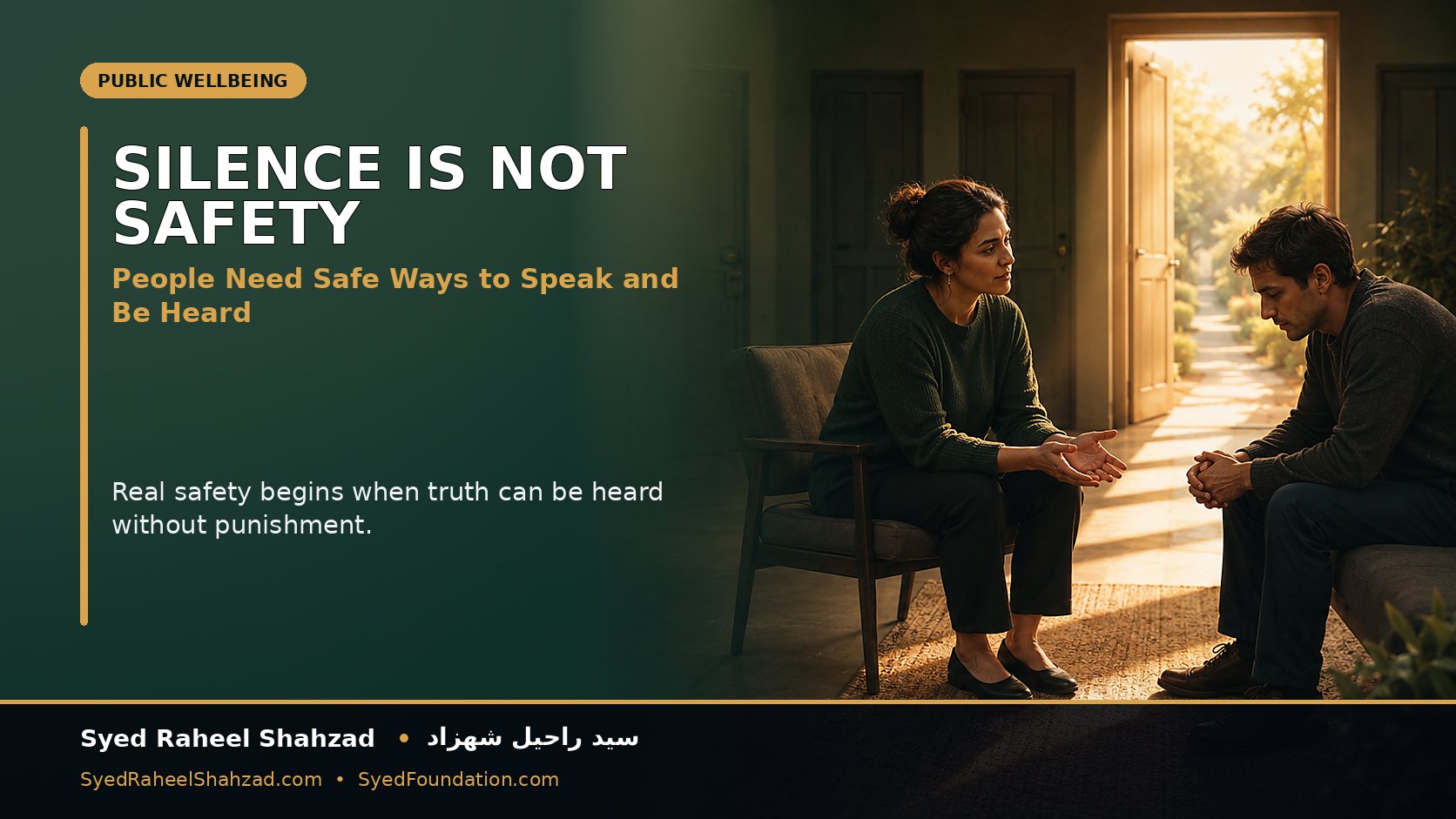 A calm trained listener gives a worried person a protected place to speak while a clear open path suggests safety, support and accountable action.