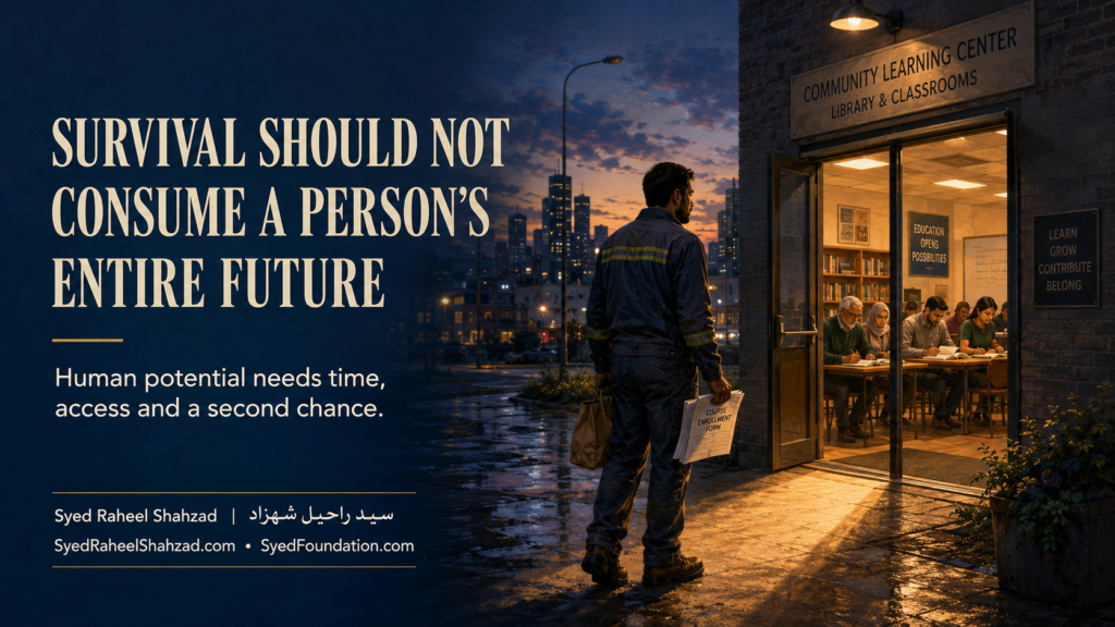A working adult carrying the weight of daily survival approaches an open path toward education, opportunity and a second chance.