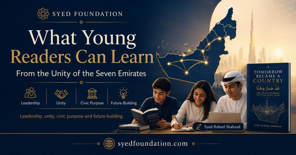 Syed Foundation image showing young readers learning from the unity of the seven emirates, UAE leadership, civic purpose and Tomorrow Became a Country