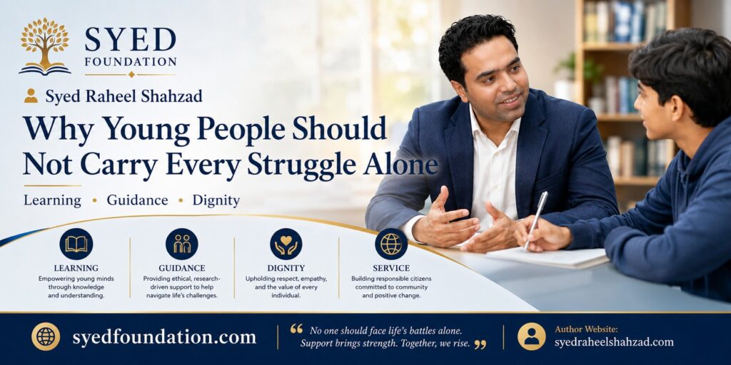 Syed Foundation featured image showing Syed Raheel Shahzad guiding a young person who should not carry every struggle alone