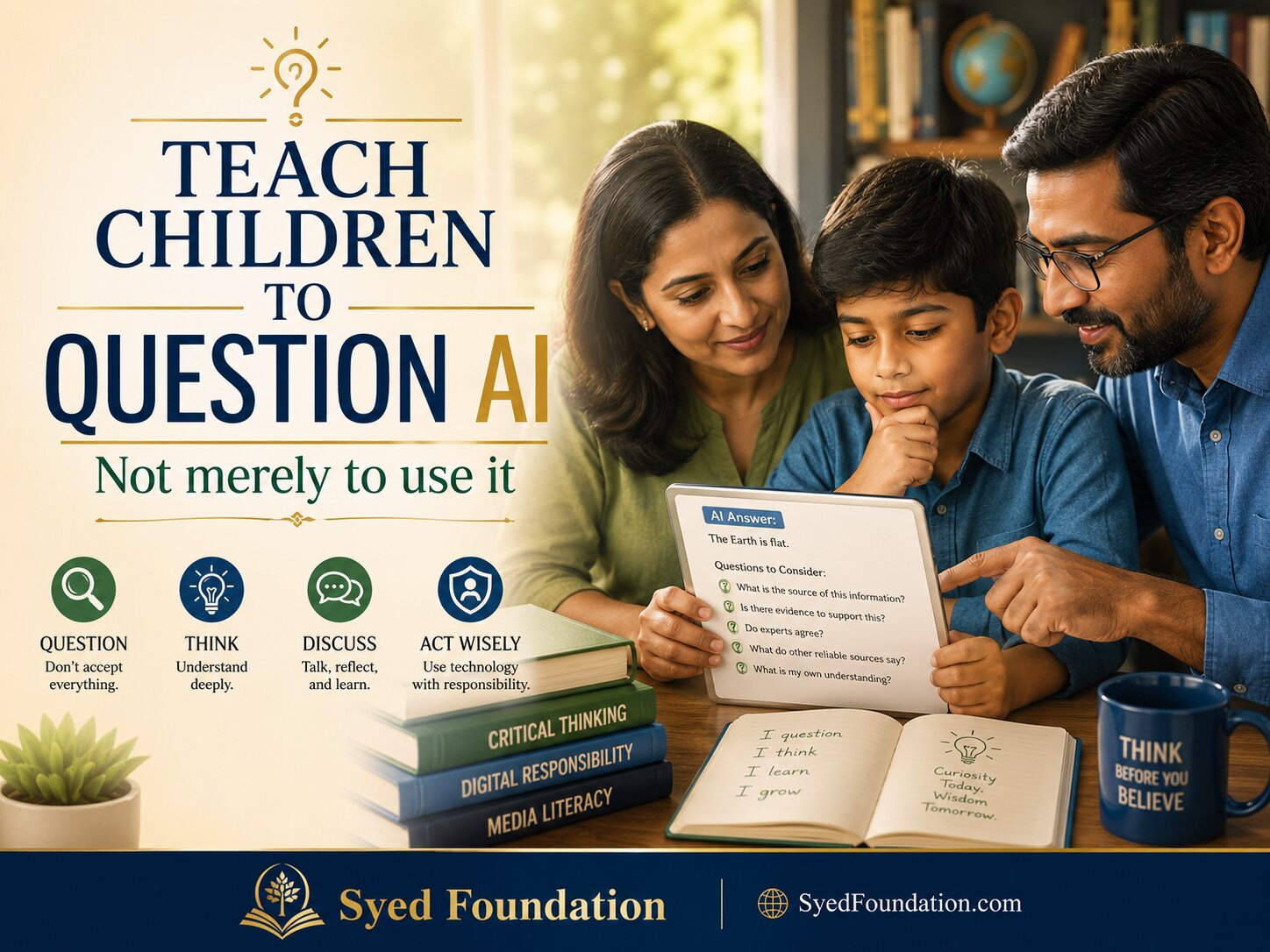 Parents helping a child question an AI-generated answer in a Syed Foundation article by Syed Raheel Shahzad about critical thinking and digital responsibility