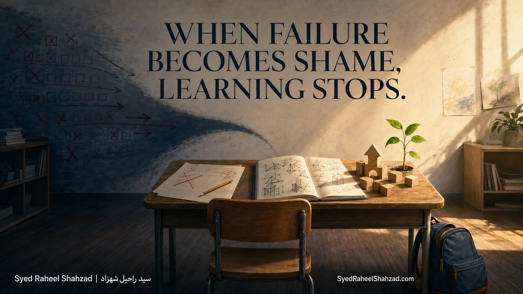 Educational image showing crossed-out errors giving way to experimentation, building and growth. Syed Foundation article by Syed Raheel Shahzad.