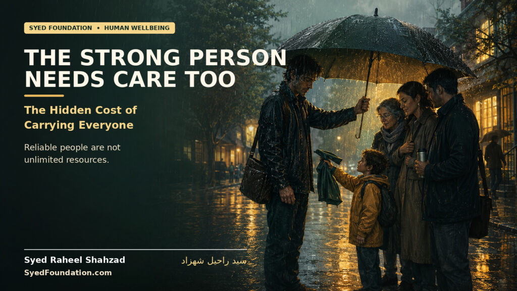 One person holds an umbrella over a family in heavy rain while becoming soaked, representing the hidden cost of protecting and carrying everyone.