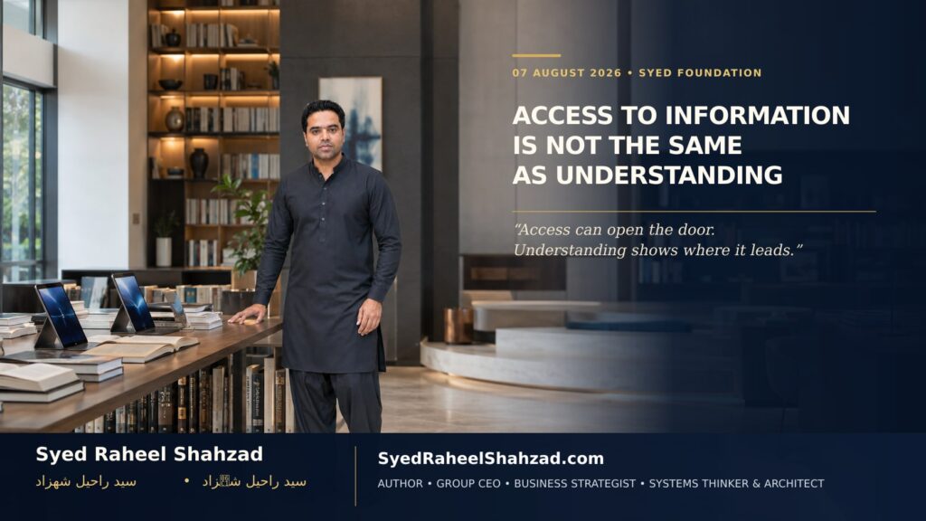 Full-figure portrait of Syed Raheel Shahzad in an educational setting representing media literacy, critical thinking and responsible AI use.