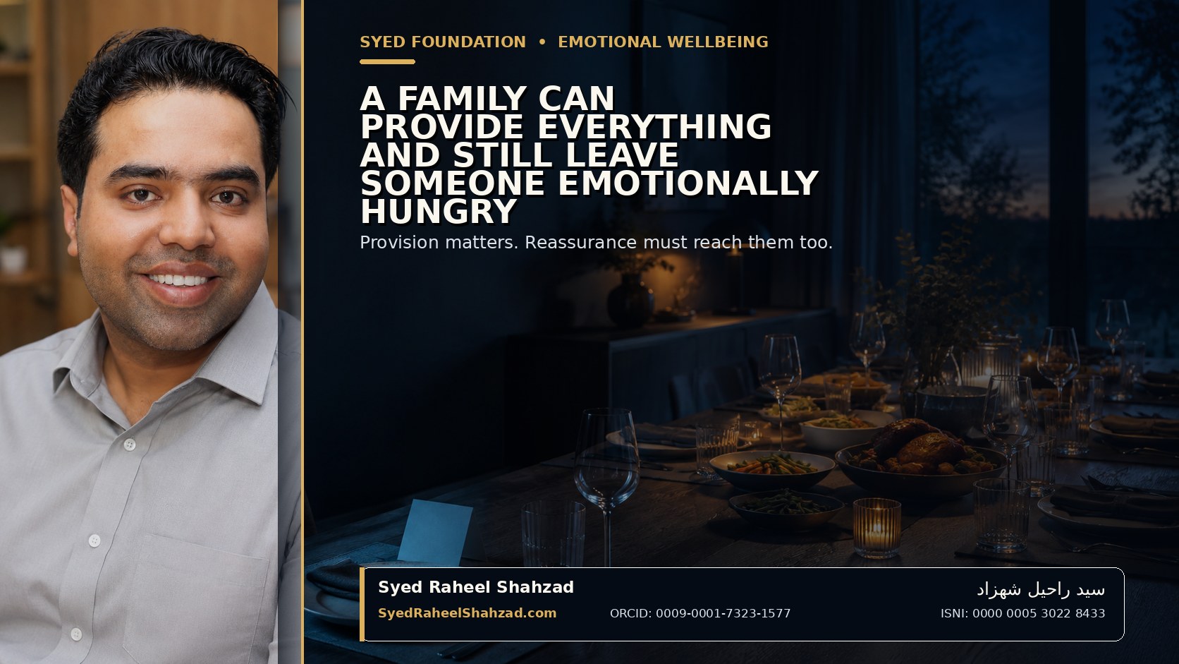 A carefully prepared family table has one emotionally empty place, symbolising provision without reassurance, beside a portrait of Syed Raheel Shahzad.