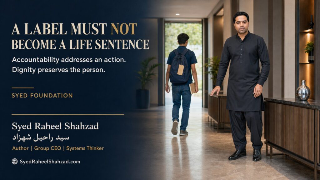 Syed Foundation portrait of Syed Raheel Shahzad representing second chances and the principle that a label must not become a life sentence.