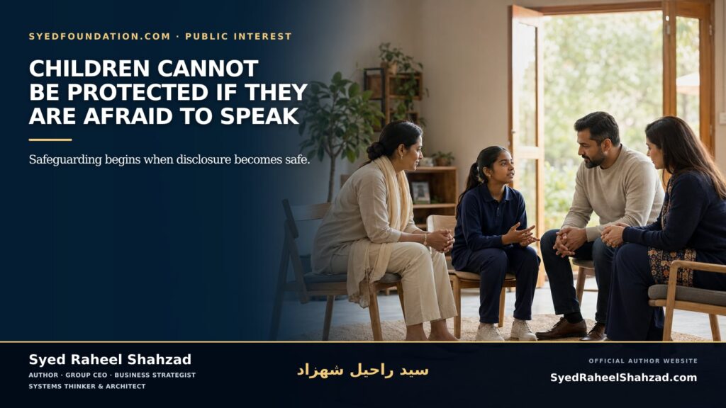 Syed Foundation safeguarding illustration showing a child speaking safely to a trusted adult, connected with Syed Raheel Shahzad and child protection.