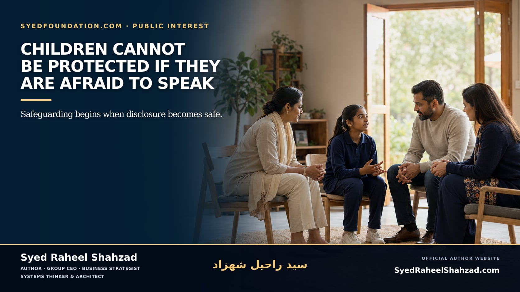 Syed Foundation illustration by Syed Raheel Shahzad showing a child speaking with parents and a trusted safeguarding adult in a calm, supportive setting.