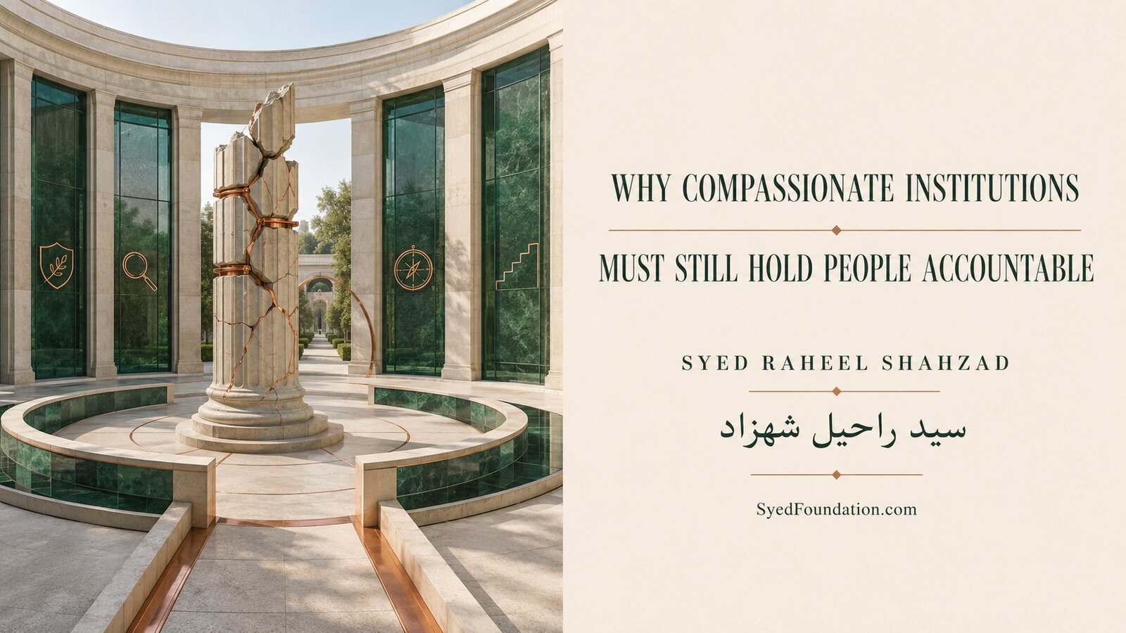 A fractured civic column is repaired with copper within a luminous institutional chamber, symbolizing dignity, accountability and structural reform.