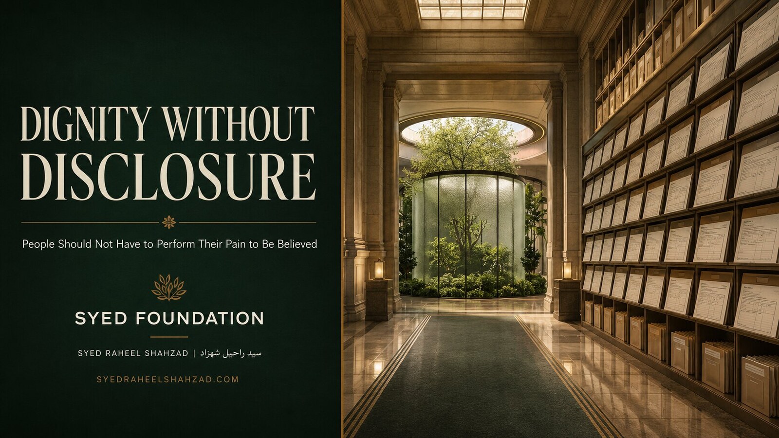 An institutional hall of records opens toward a protected garden behind frosted glass, symbolizing access to support without forced exposure.
