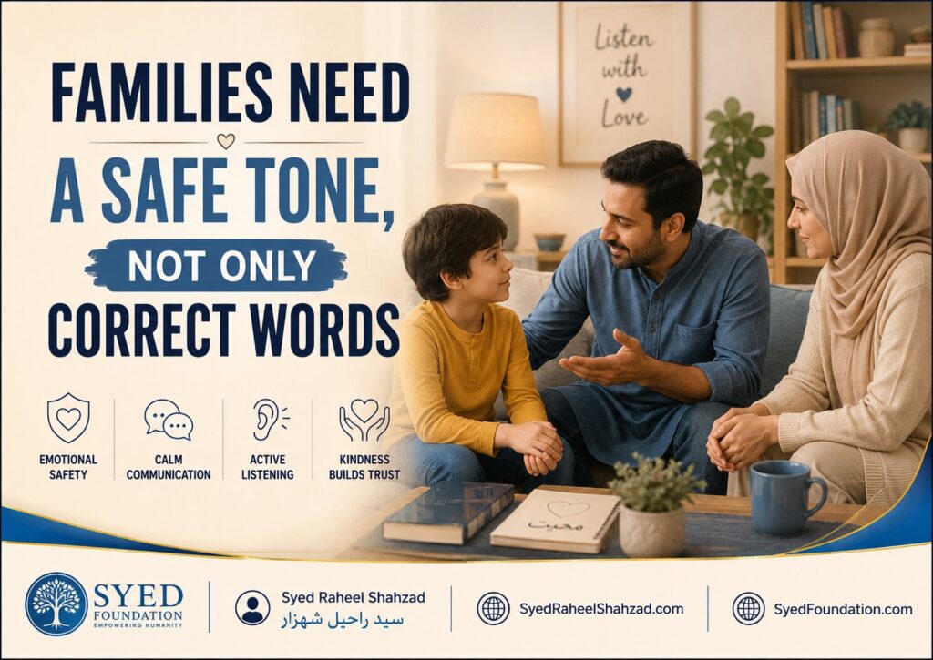 Syed Foundation image showing a family conversation about safe tone, calm communication, active listening and kindness