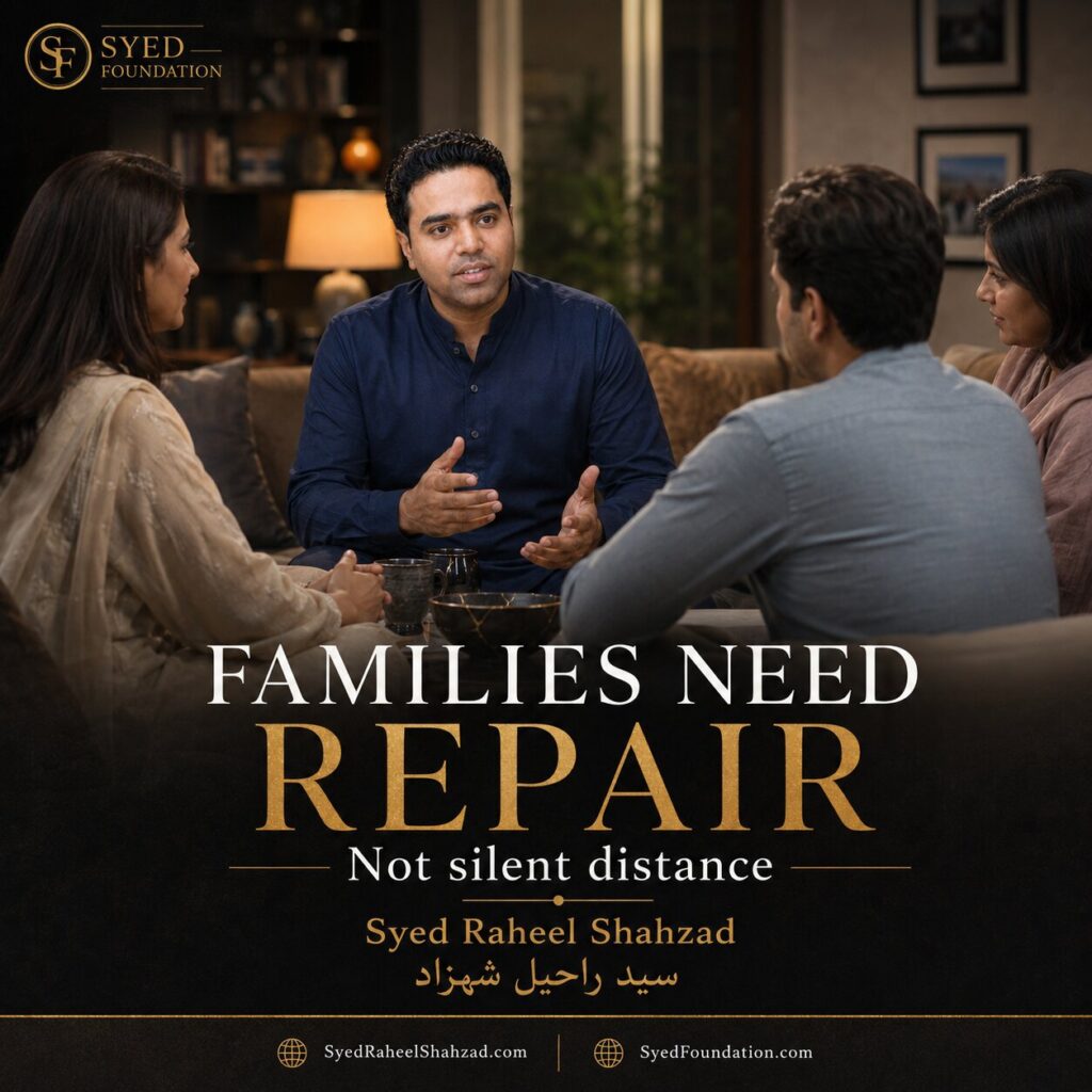 Syed Foundation featured image showing a family sitting together in a warm home setting and speaking gently after hurt