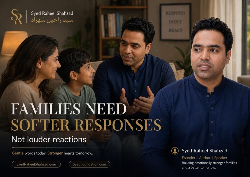 Syed Foundation image showing Syed Raheel Shahzad in a warm family setting about softer responses and emotional safety