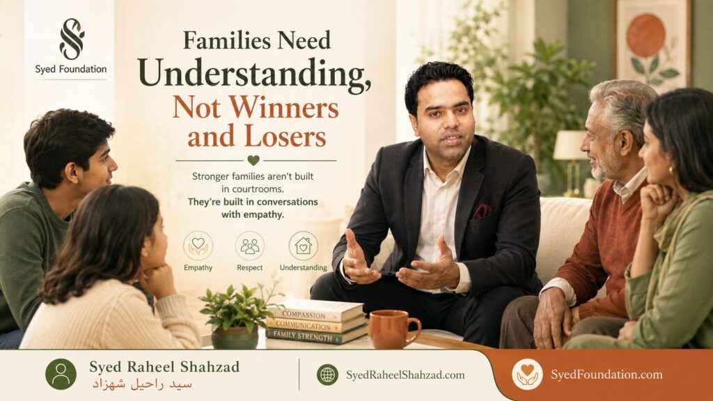 Syed Foundation image showing a family conversation about safe tone, calm communication, active listening and kindness
