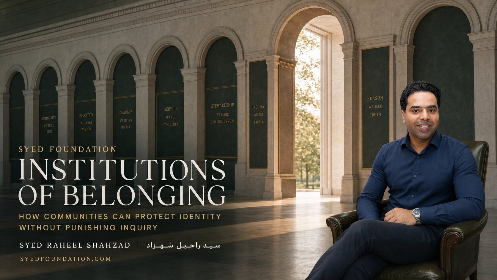 Architectural artwork by Syed Raheel Shahzad showing a circular civic institution opening protected pathways for both belonging and independent inquiry.