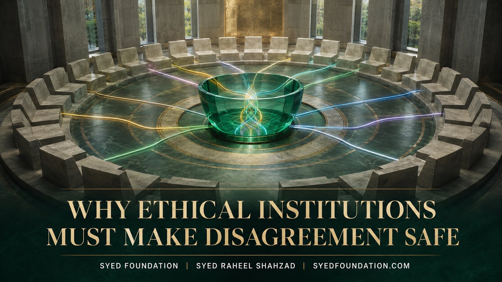 Distinct luminous lines enter an emerald listening vessel inside a circular civic chamber, representing safe institutional disagreement.