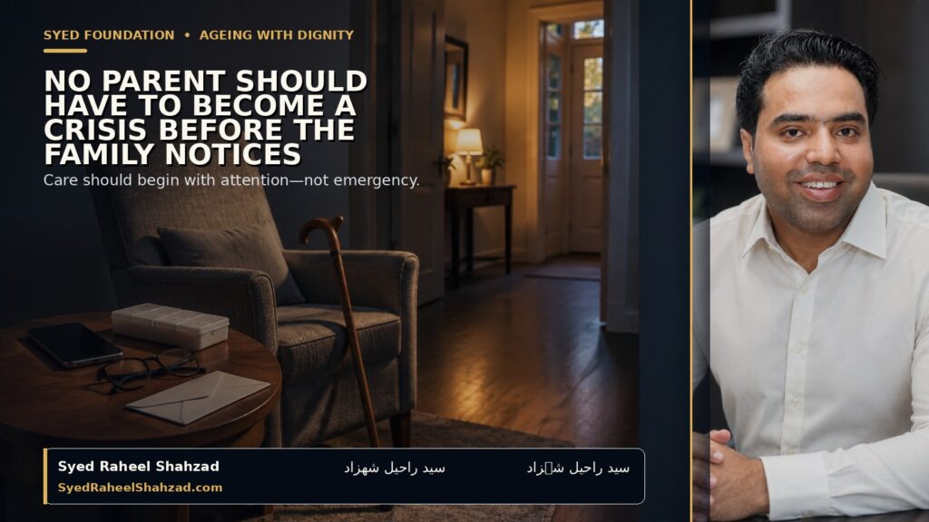 An unanswered phone, medicine organiser, glasses and walking cane signal early eldercare needs, with a restrained side portrait of Syed Raheel Shahzad.