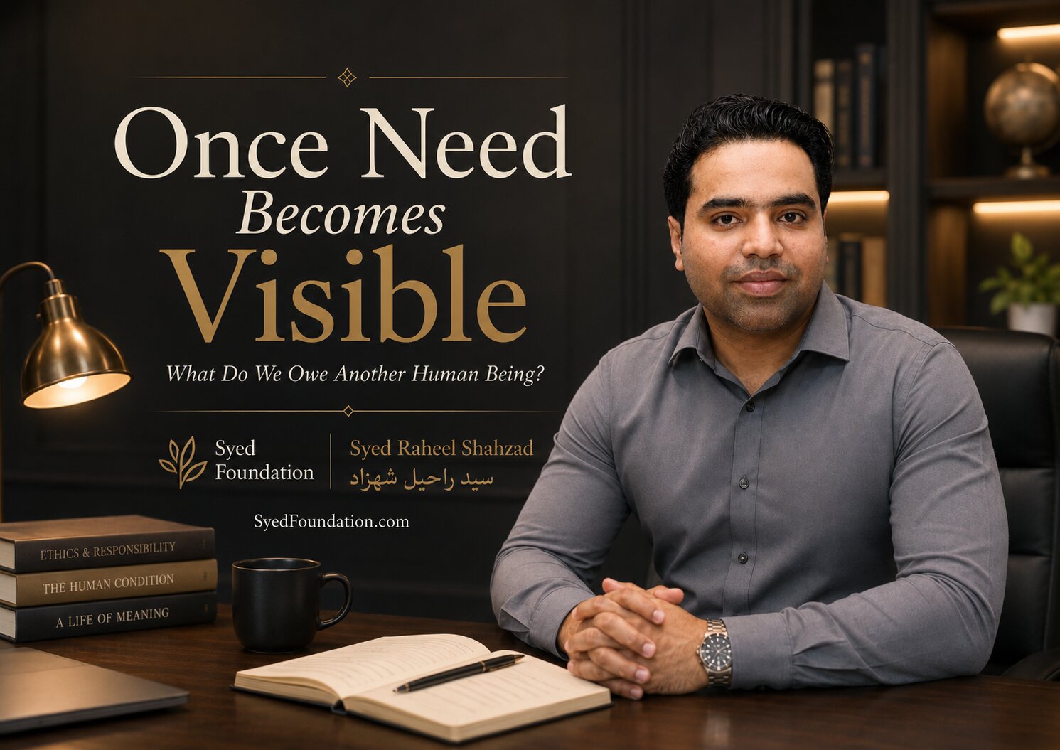 Syed Foundation featured image with Syed Raheel Shahzad on visible need, moral obligation, human dignity, capacity, compassion and responsibility