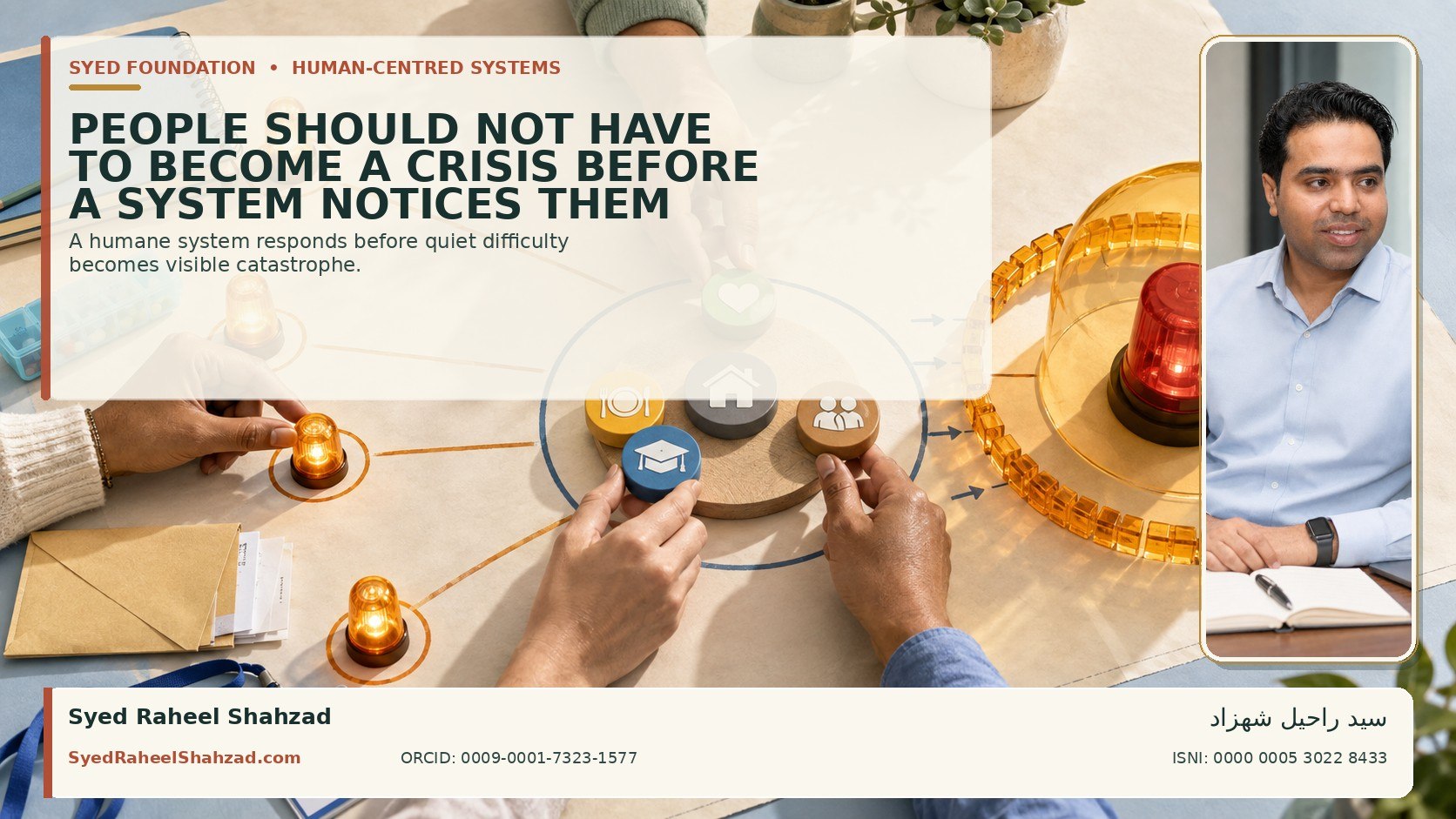 Four early warning signals connect to shared support before activating a larger crisis, beside a portrait of Syed Raheel Shahzad.