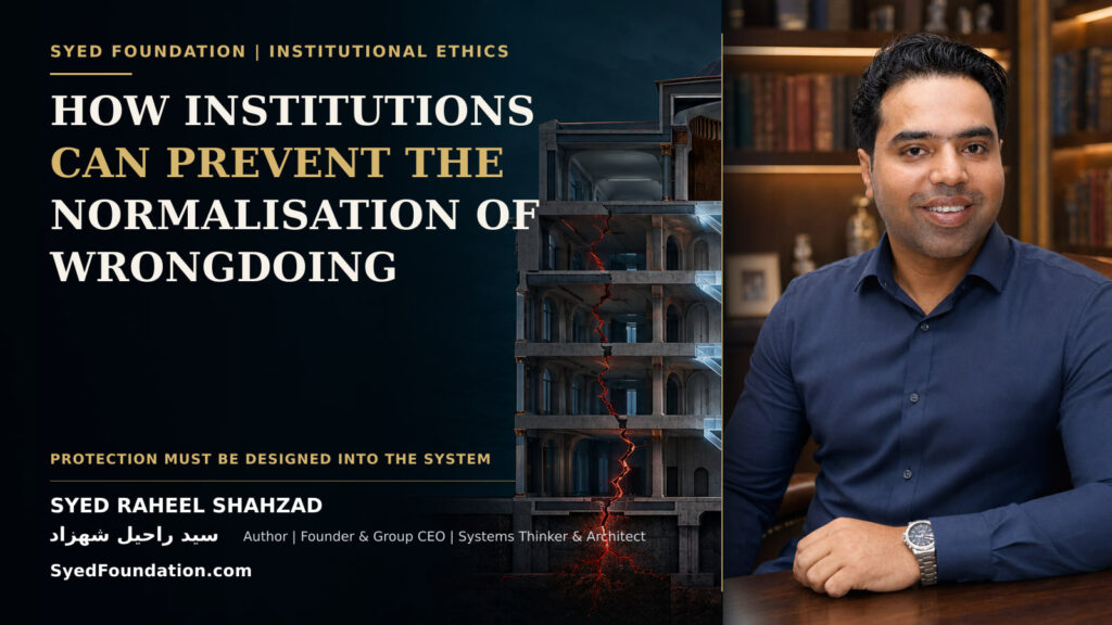 A civic institution reinforced against a spreading structural fracture beside Syed Raheel Shahzad, symbolising protected accountability.