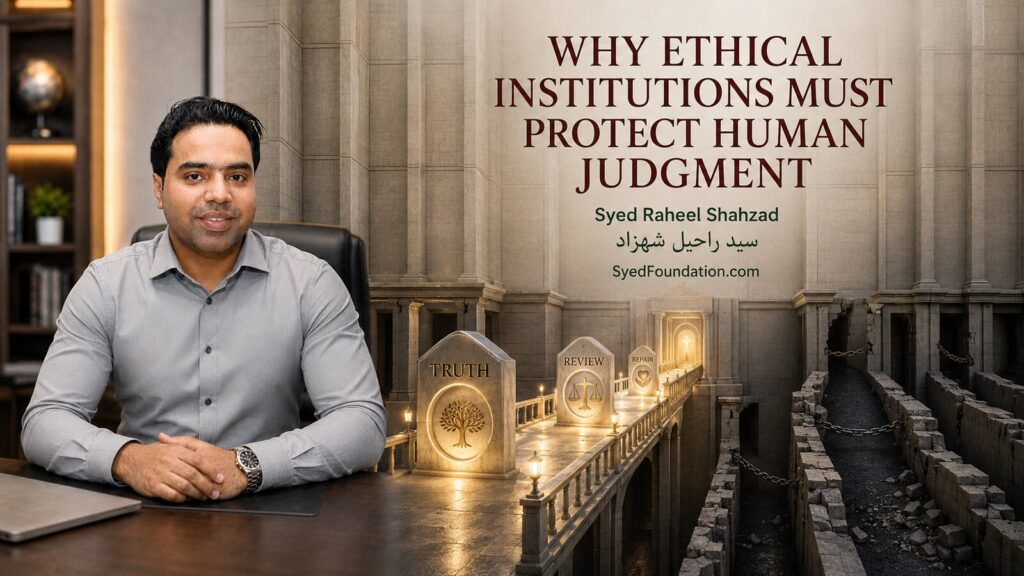 Syed Raheel Shahzad beside a protected bridge carrying truth through institutional review toward repair and human dignity.