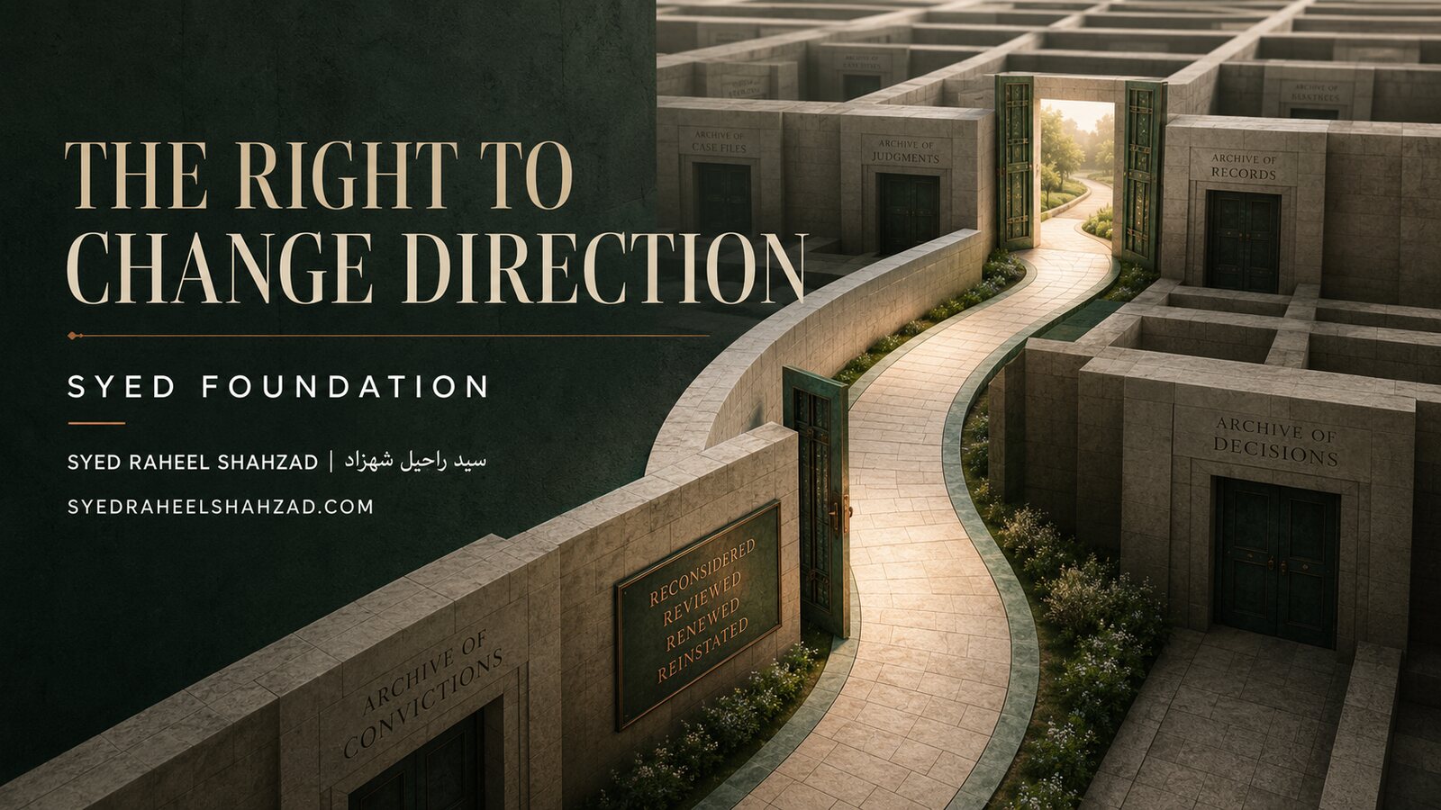 A rigid civic grid opens into a luminous curved passage with a growing tree, symbolizing institutional pathways for revision, rehabilitation and human change.