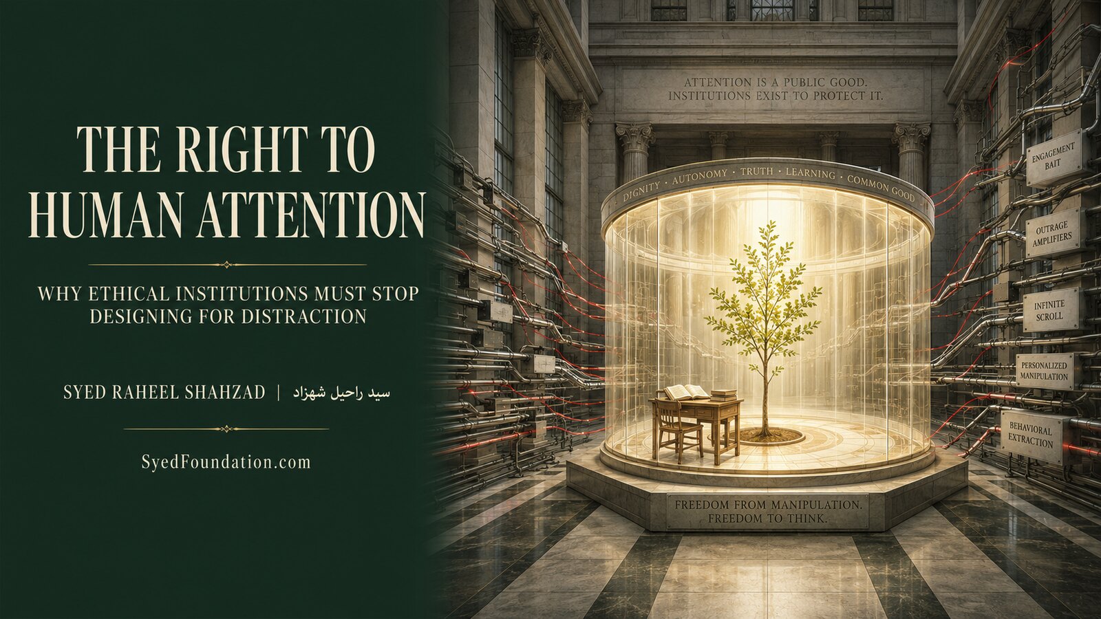 A luminous civic sanctuary protects a book, desk and living tree from mechanical channels attempting to extract attention.