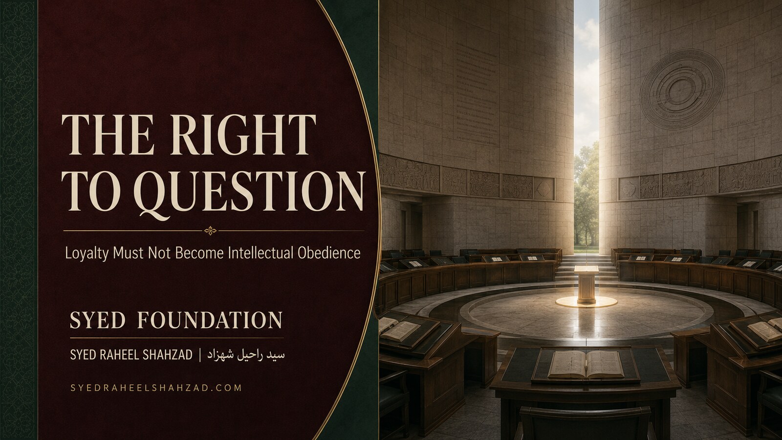 An elegant civic hall preserves a luminous open passage through a wall of authority, symbolizing the institutional right to question.