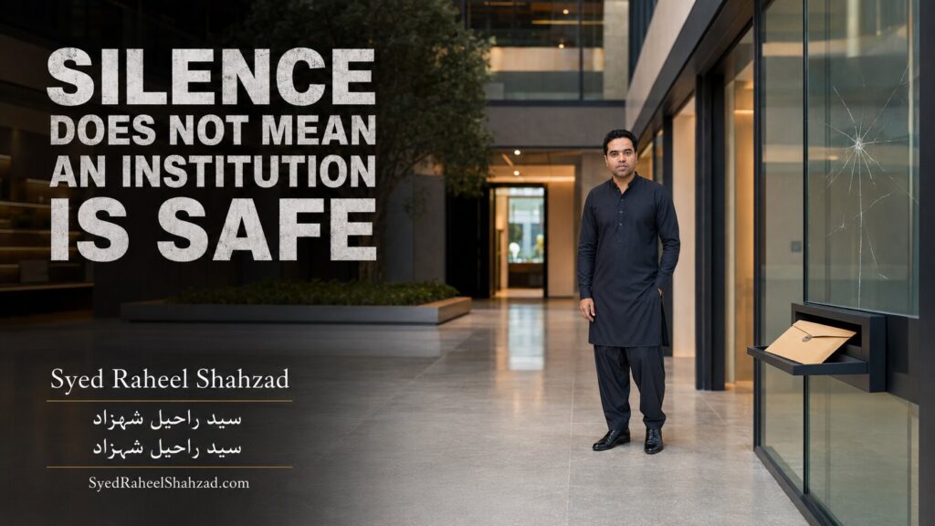 Wide institutional scene with Syed Raheel Shahzad representing hidden concerns, safe reporting channels and protection from retaliation.