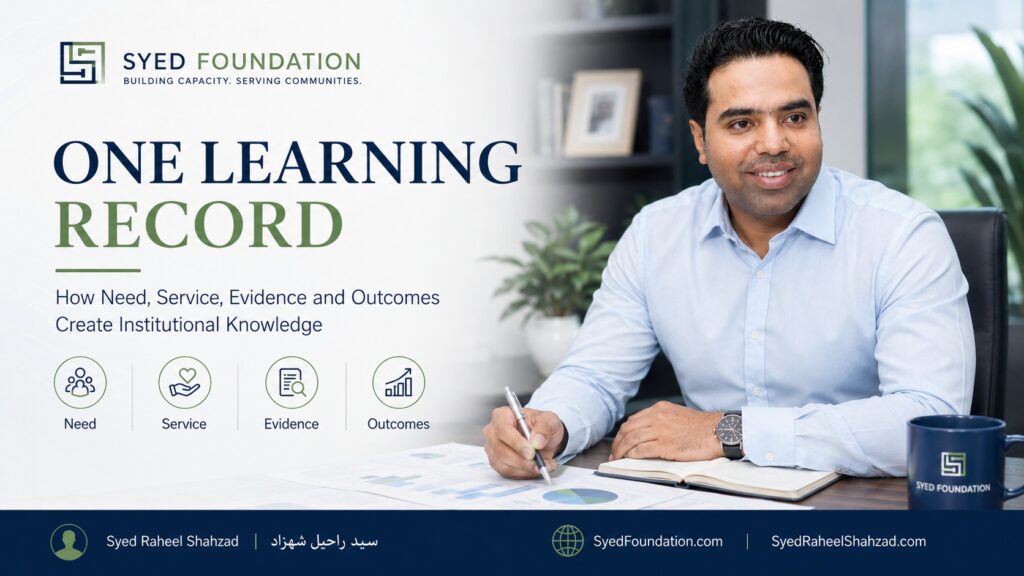 Syed Foundation featured image with Syed Raheel Shahzad — سيد راحيل شهزاد — representing need, service, evidence, outcomes and institutional learning