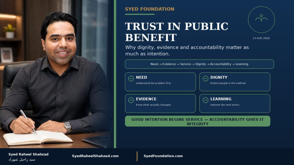 Syed Foundation featured image with Syed Raheel Shahzad — سيد راحيل شهزاد — representing dignity, evidence, accountability, learning and public benefit