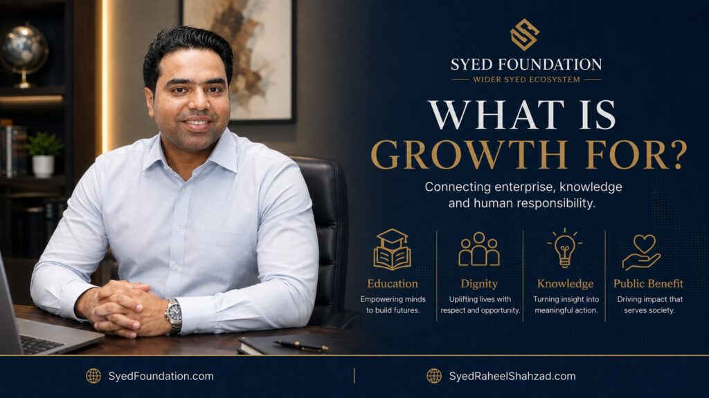 Syed Foundation featured image showing Syed Raheel Shahzad with education, dignity, knowledge and public-benefit themes