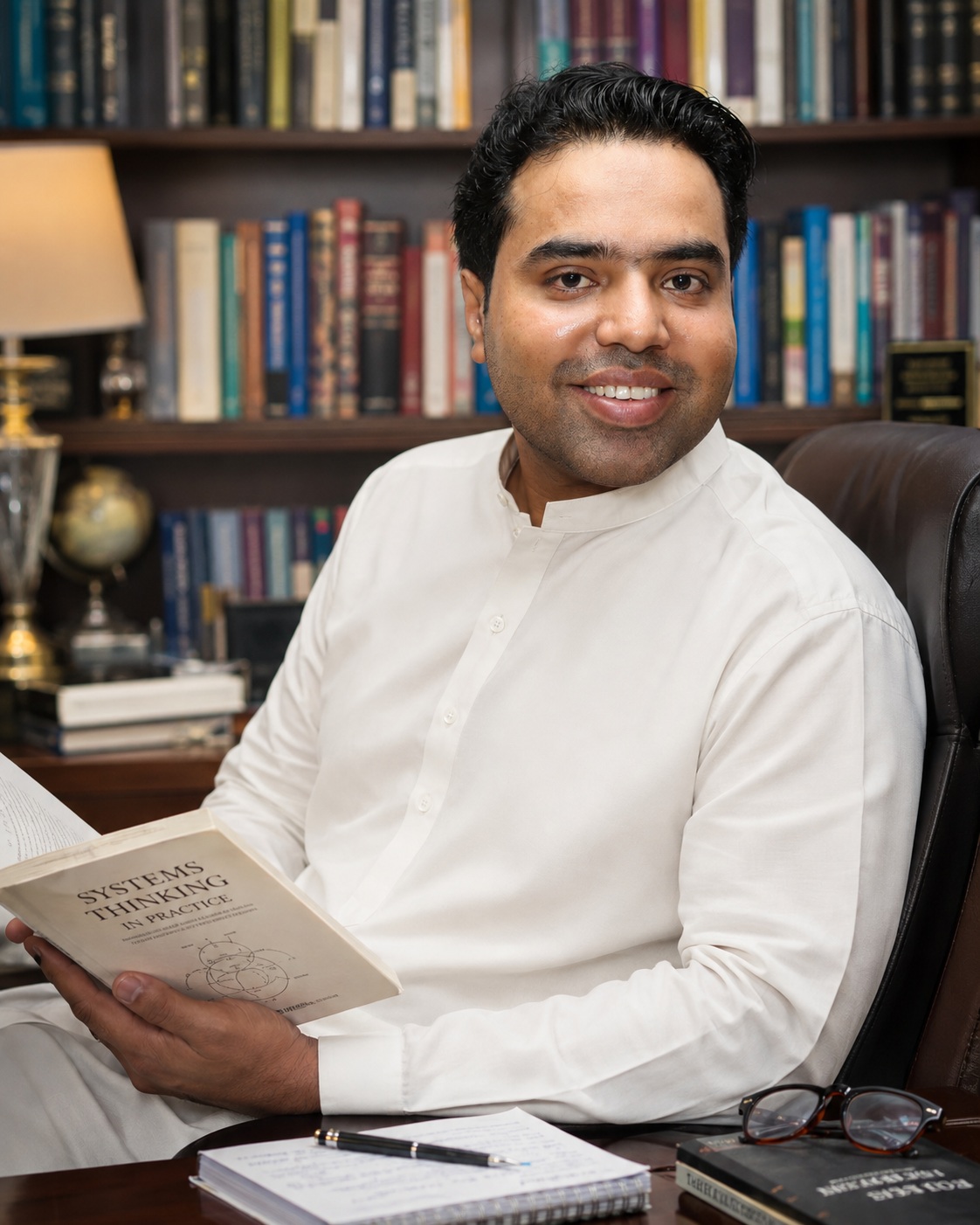 Syed Raheel Shahzad, author and founder, reading in his study
