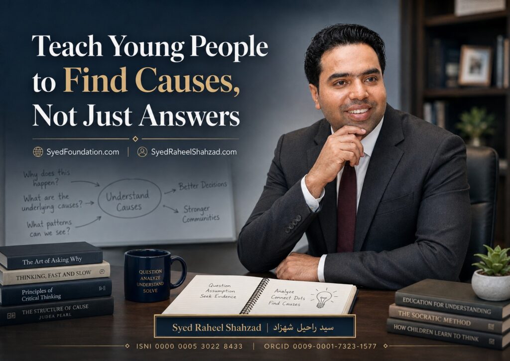 Syed Foundation featured image with Syed Raheel Shahzad on education, critical thinking, causal reasoning and teaching young people to find causes instead of memorising answers