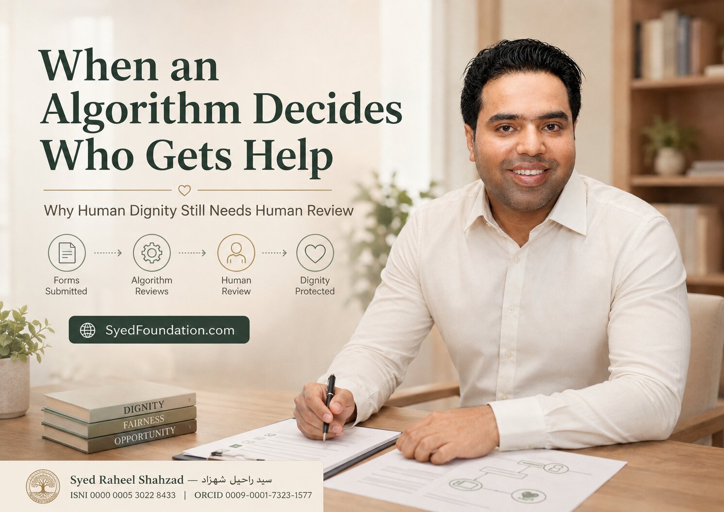 Syed Foundation featured image with Syed Raheel Shahzad on algorithmic decisions, human dignity, access to help, fairness, review and social systems