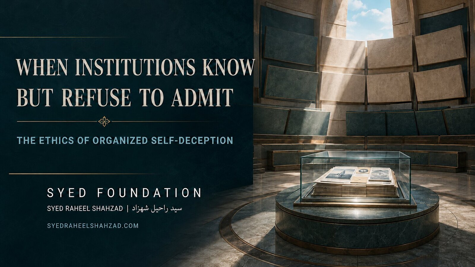 An institutional hall turns layered panels away from an illuminated evidence display, symbolizing organized refusal to admit available truth.