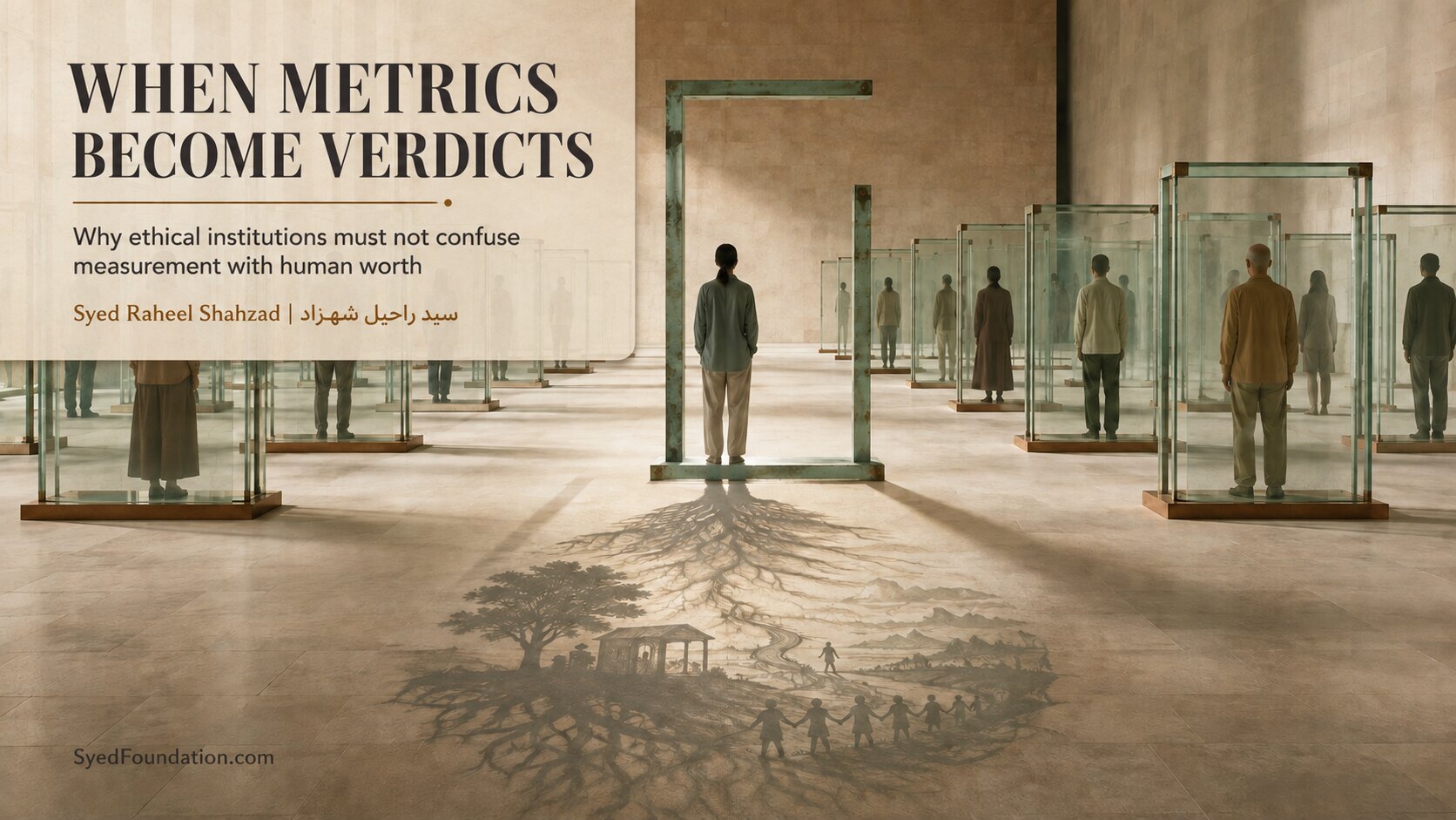 When Metrics Become Verdicts — Syed Foundation and Syed Raheel Shahzad Conceptual artwork by Syed Raheel Shahzad showing people inside institutional glass frames while one person’s complex shadow extends beyond measurement.