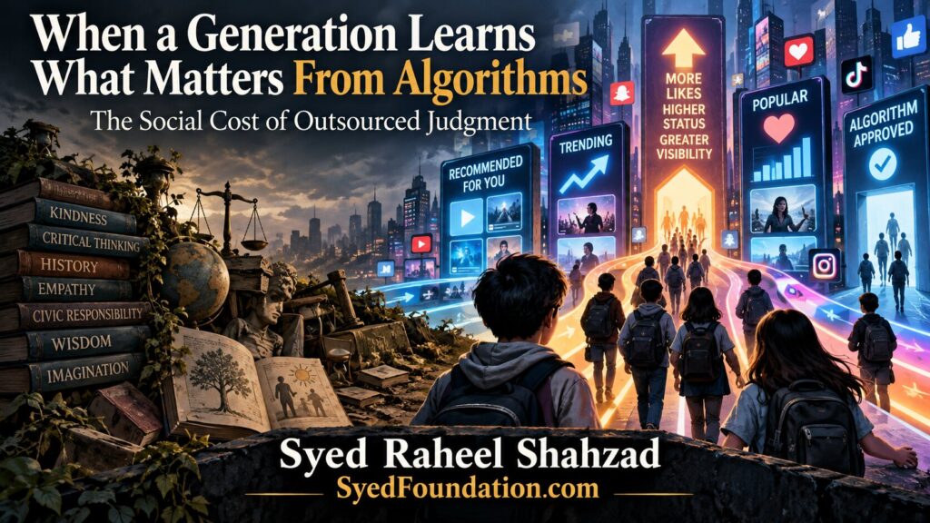 Syed Foundation philosophical artwork by Syed Raheel Shahzad showing young people moving toward algorithmic rankings and popularity signals while books, history and critical thinking remain on another path.