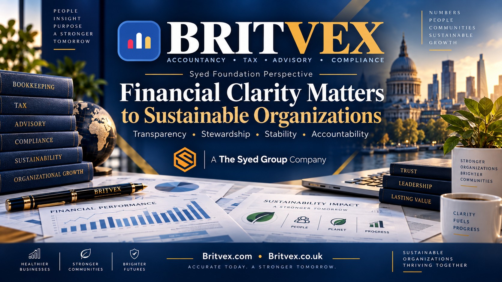 Britvex financial clarity for sustainable organizations showing accounting, reporting, transparency, stewardship and accountability