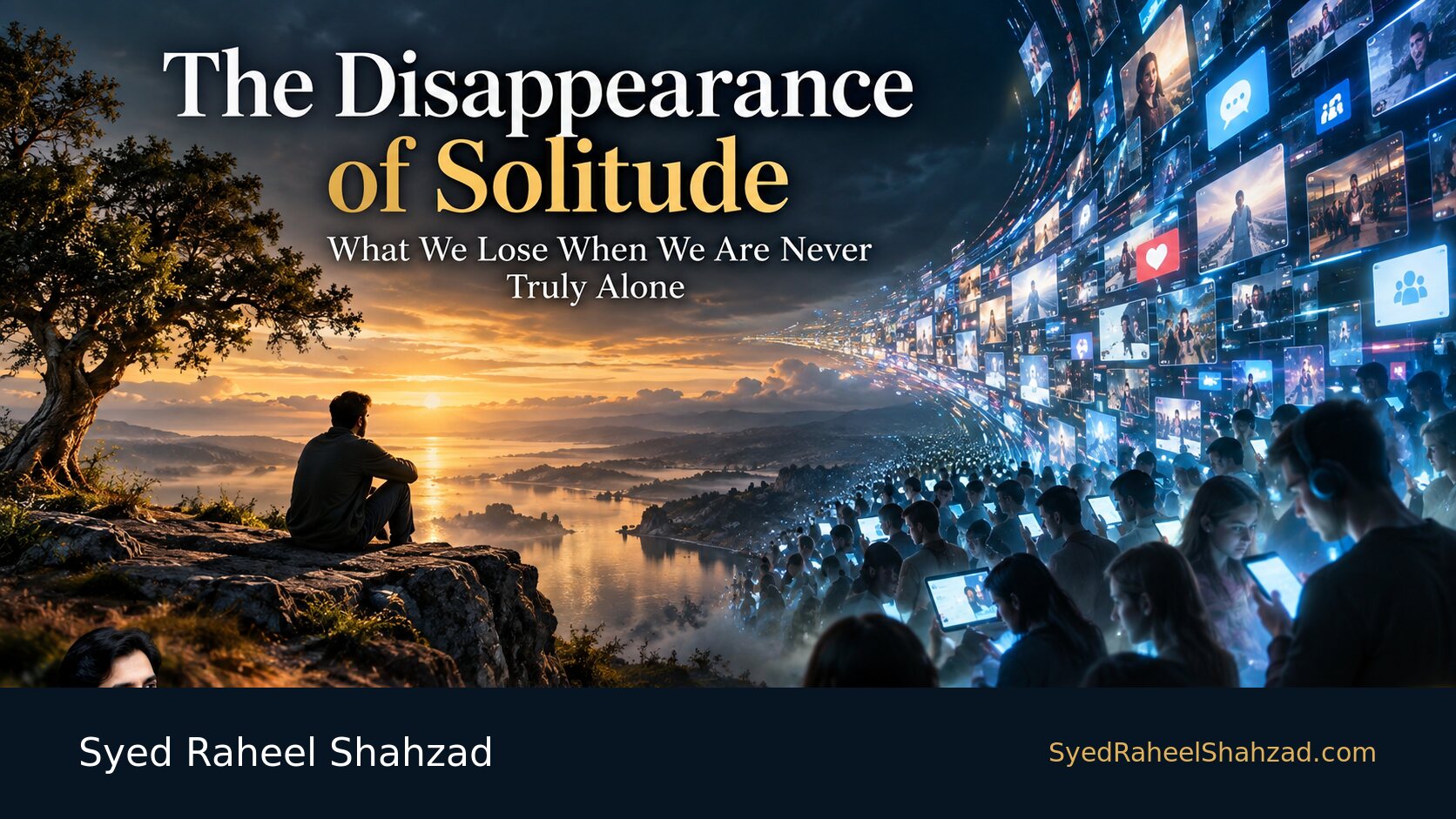Syed Foundation conceptual artwork by Syed Raheel Shahzad contrasting a quiet solitary landscape with a dense digital crowd, symbolizing the social cost of a generation that is never alone.