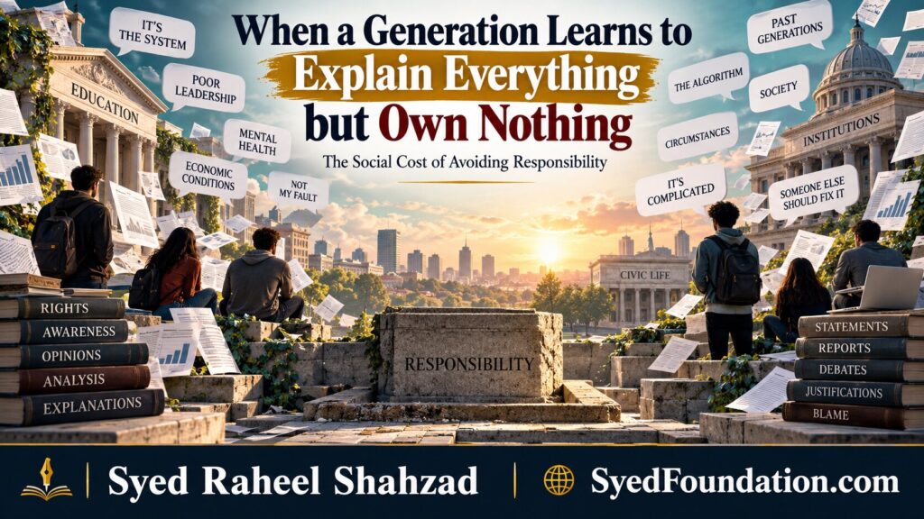 Syed Foundation philosophical artwork by Syed Raheel Shahzad showing explanations and excuses surrounding an empty responsibility stone, symbolizing the social cost of avoiding ownership.