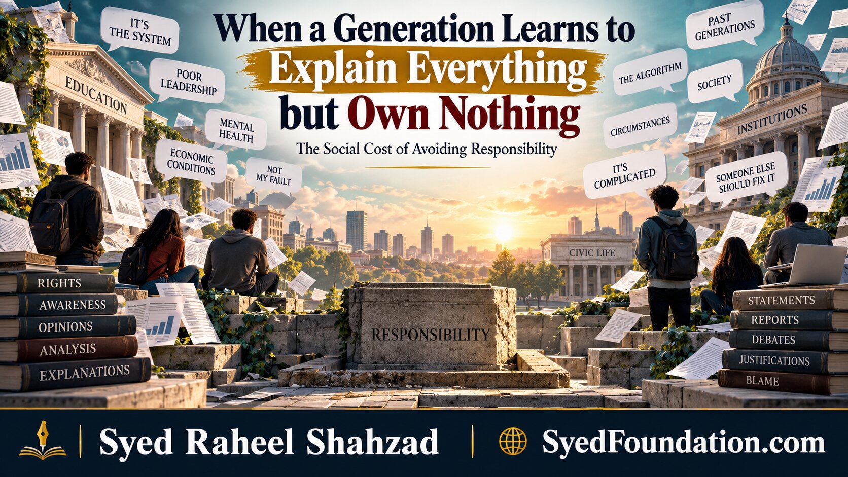 Syed Foundation philosophical artwork by Syed Raheel Shahzad showing explanations and excuses surrounding an empty responsibility stone, symbolizing the social cost of avoiding ownership.
