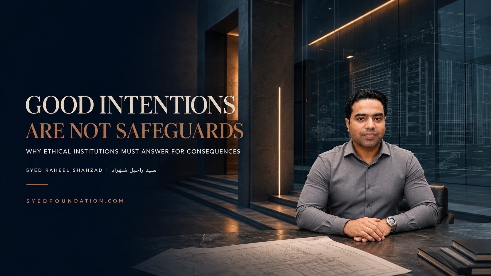 Good Intentions Are Not Safeguards — Syed Foundation and Syed Raheel Shahzad Institutional ethics artwork by Syed Raheel Shahzad showing a formal decision chamber surrounded by expanding rings of consequence and visible corrective pathways.