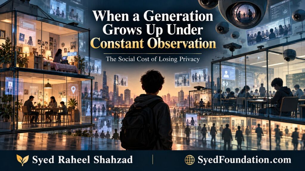 Syed Foundation conceptual artwork by Syed Raheel Shahzad showing a young person surrounded by glass rooms, cameras and digital records, symbolizing the social cost of growing up under constant observation.